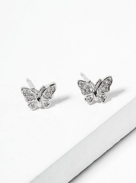White Gold Dipped CZ Pave Butterfly Dainty Stud Earrings