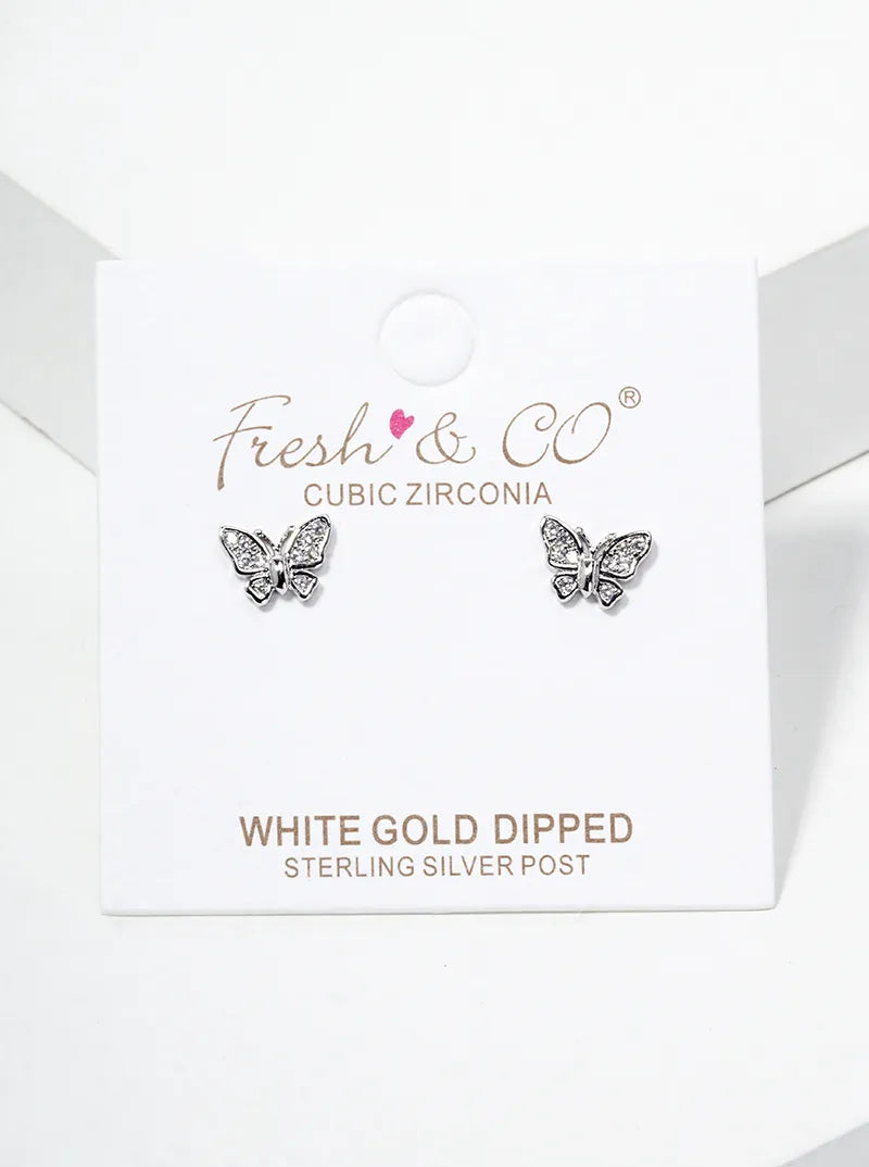 White Gold Dipped CZ Pave Butterfly Dainty Stud Earrings