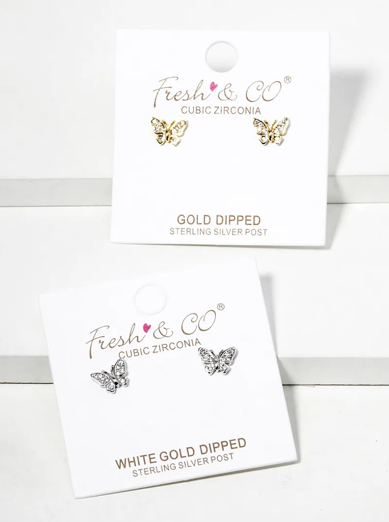 White Gold Dipped CZ Pave Butterfly Dainty Stud Earrings