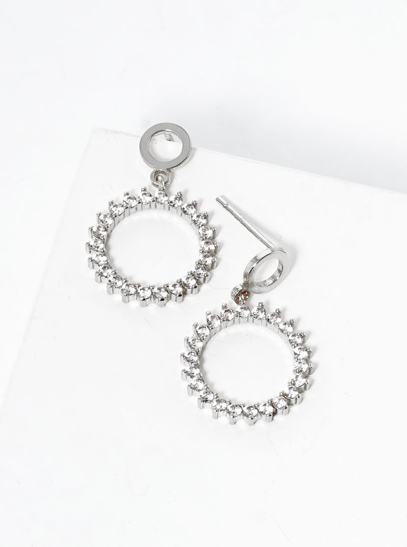 White Gold Dipped CZ Pave Circle Drop Post Earrings