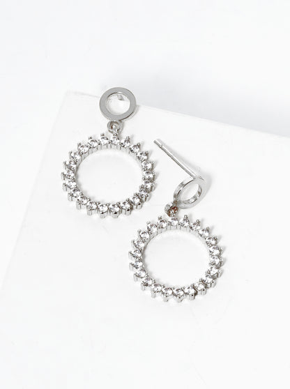 White Gold Dipped CZ Pave Circle Drop Post Earrings