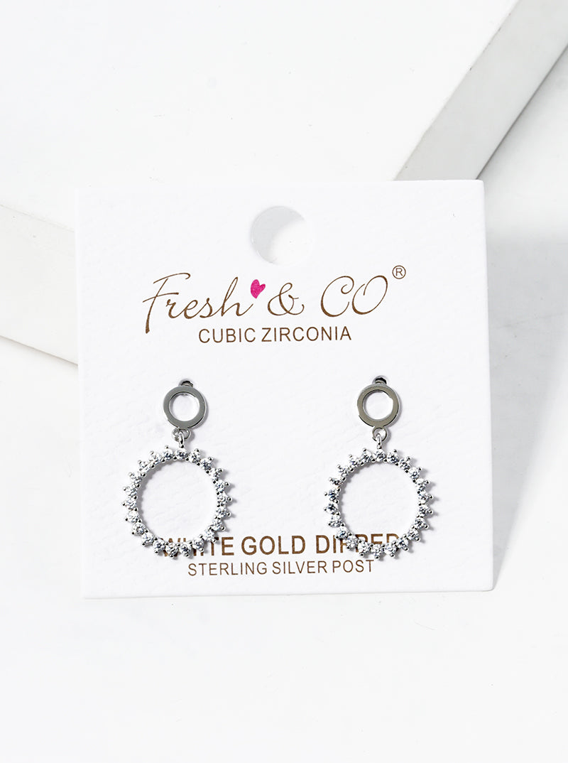 White Gold Dipped CZ Pave Circle Drop Post Earrings