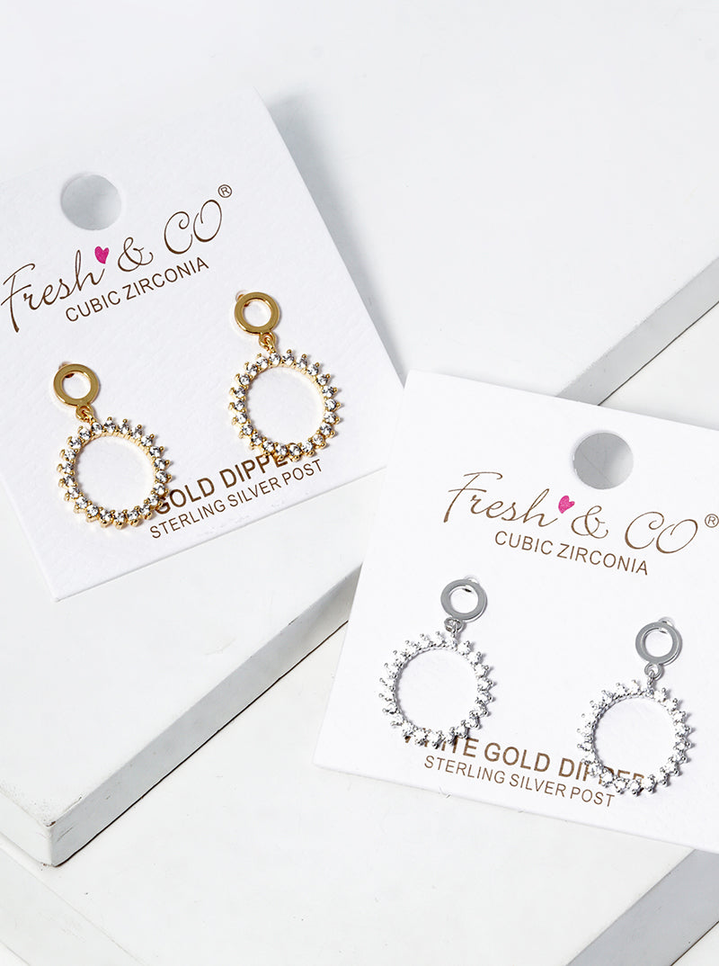 White Gold Dipped CZ Pave Circle Drop Post Earrings