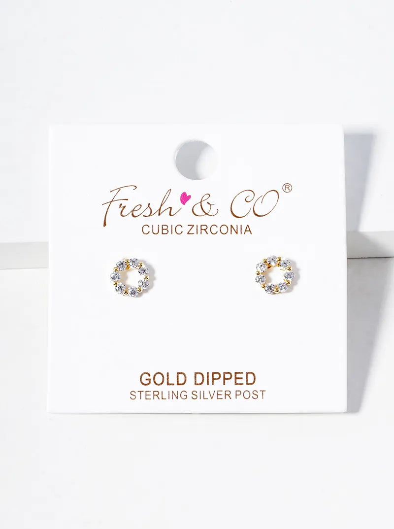 White Gold Dipped CZ Pave Circle Post Stud Earrings