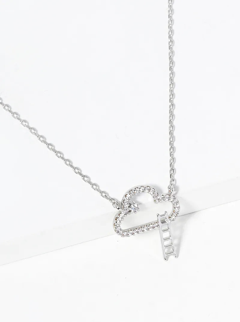 White Gold Dipped CZ Pave Cloud Ladder Pendant Necklace