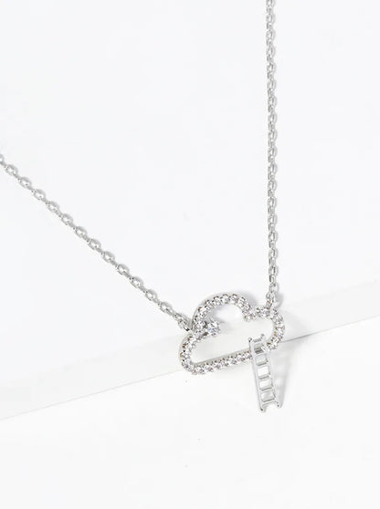 White Gold Dipped CZ Pave Cloud Ladder Pendant Necklace