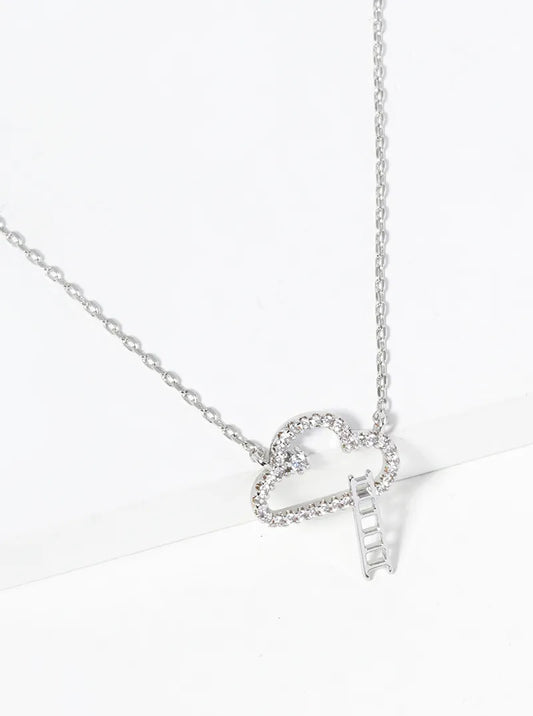 White Gold Dipped CZ Pave Cloud Ladder Pendant Necklace