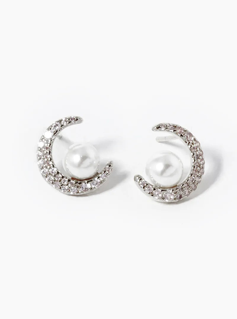 18k Gold Dipped CZ Pave Crescent Moon With Pearl Stud Earrings