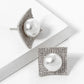 18k Gold Dipped CZ Pave Curved Square With 9mm Pearl Stud Earrings