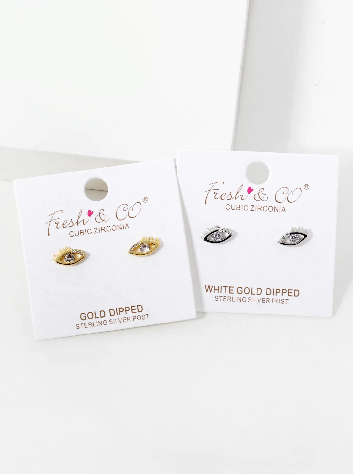 White Gold Dipped CZ Pave Dainty Evil Eye Stud Earrings