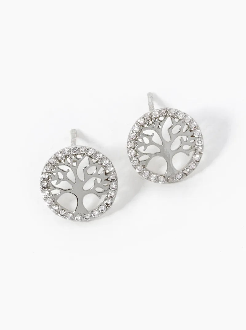 White Gold Dipped CZ Pave Delicate Tree Of Life Stud Earrings