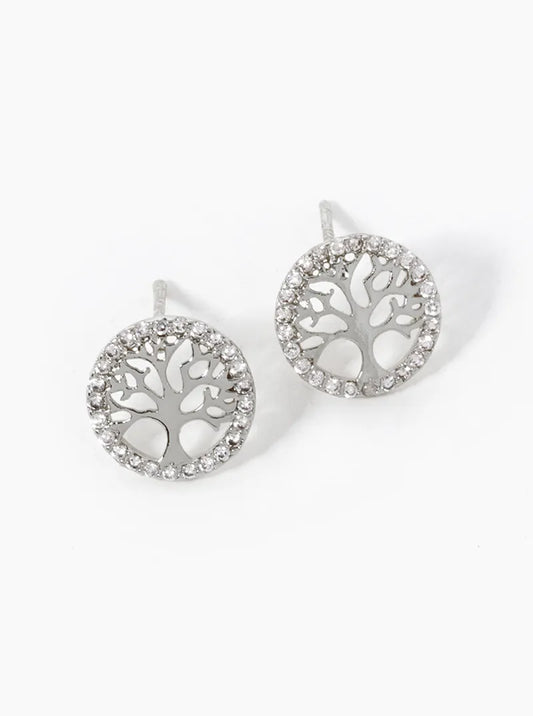 White Gold Dipped CZ Pave Delicate Tree Of Life Stud Earrings