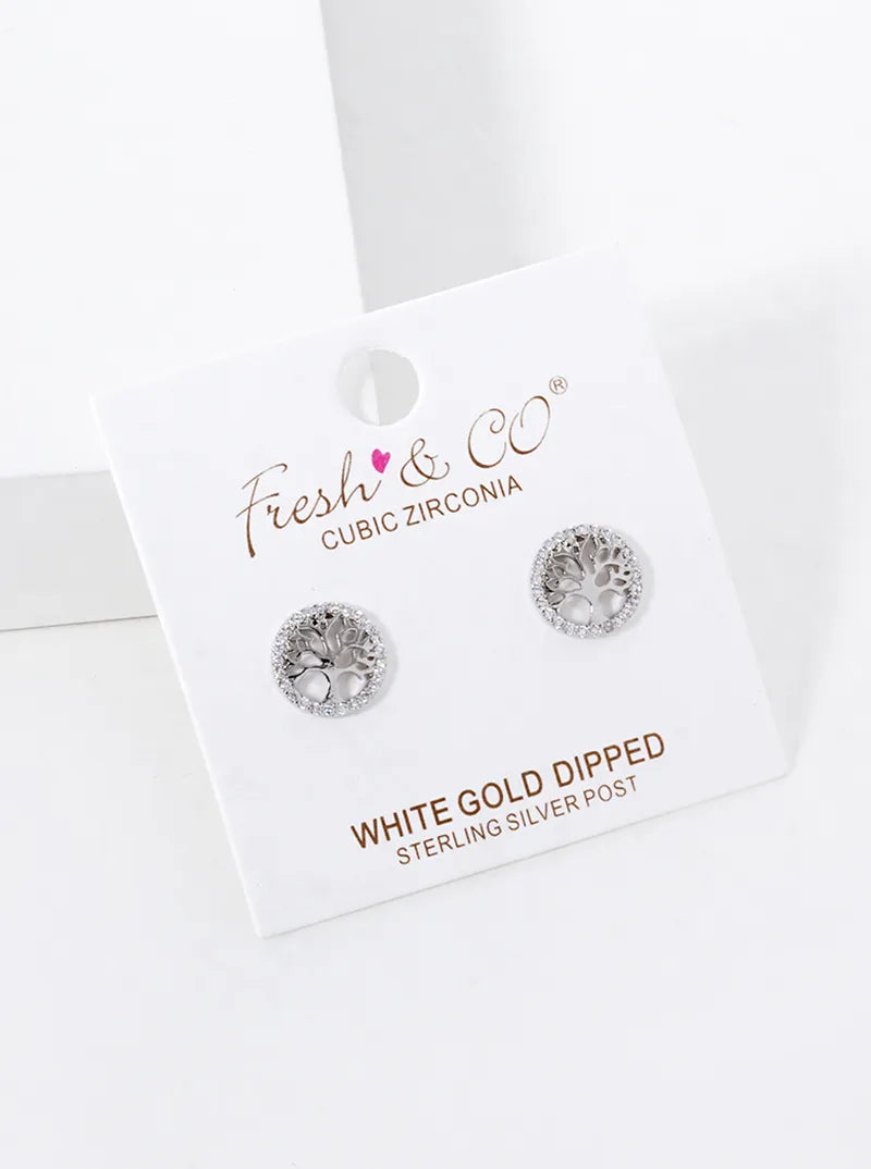 White Gold Dipped CZ Pave Delicate Tree Of Life Stud Earrings