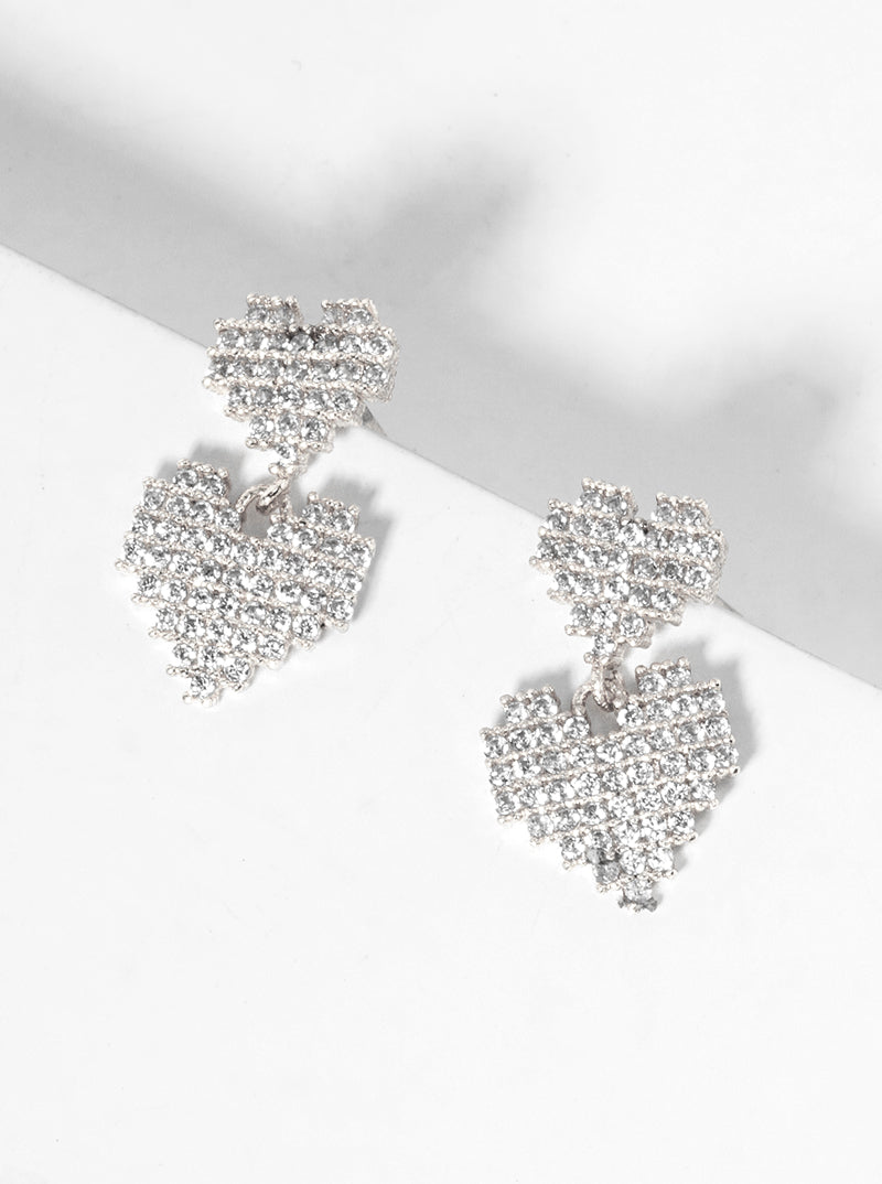 White Gold Dipped CZ Pave Double Pixel Heart Dangle Post Earrings