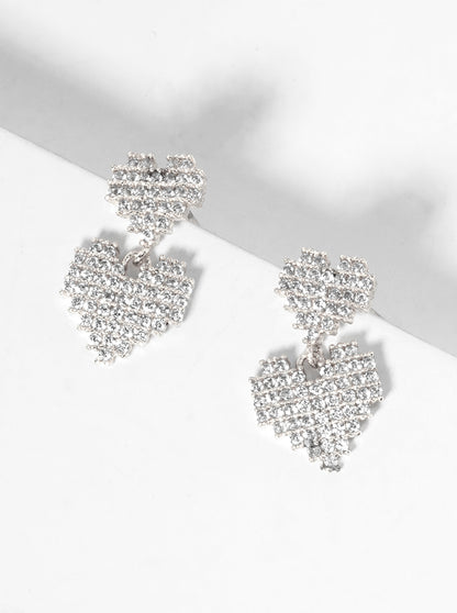 White Gold Dipped CZ Pave Double Pixel Heart Dangle Post Earrings