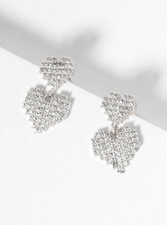 White Gold Dipped CZ Pave Double Pixel Heart Dangle Post Earrings