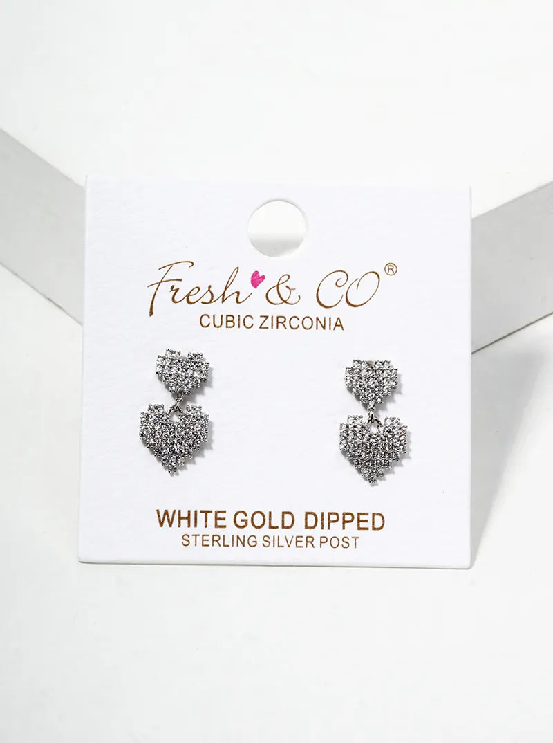 White Gold Dipped CZ Pave Double Pixel Heart Dangle Post Earrings
