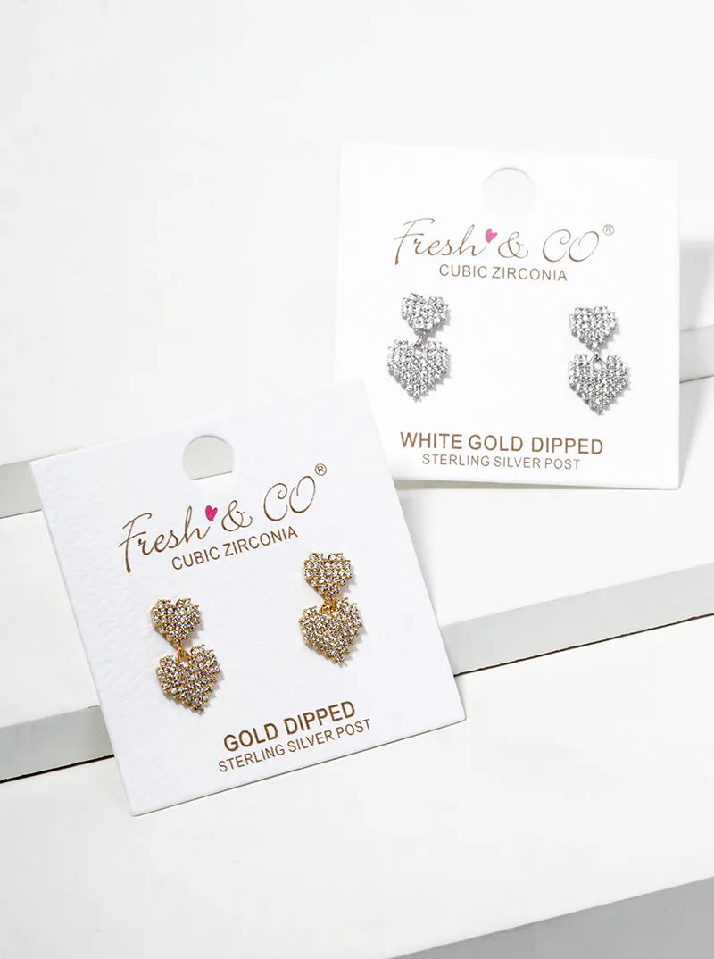 White Gold Dipped CZ Pave Double Pixel Heart Dangle Post Earrings