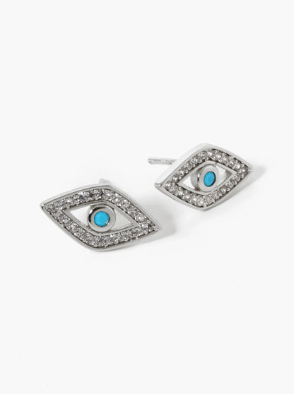 White Gold Dipped CZ Pave Evil Eye Spiritual Stud Earrings