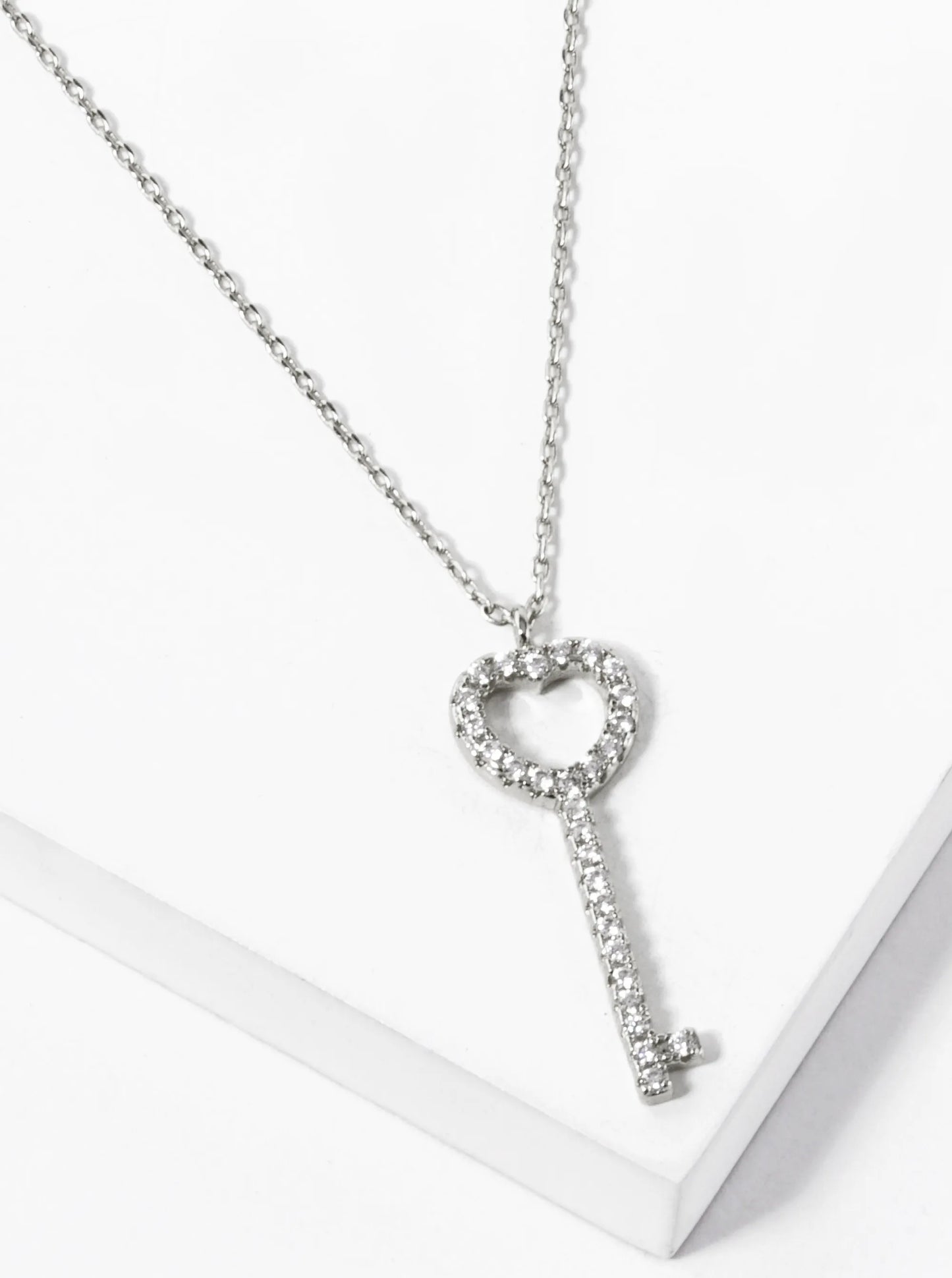 18K Gold Dipped CZ Pave Heart Key Pendant Necklace