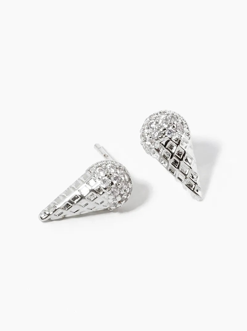White Gold Dipped CZ Pave Ice Cream Cone Post Stud Earrings
