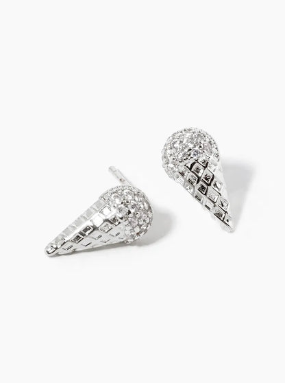 White Gold Dipped CZ Pave Ice Cream Cone Post Stud Earrings