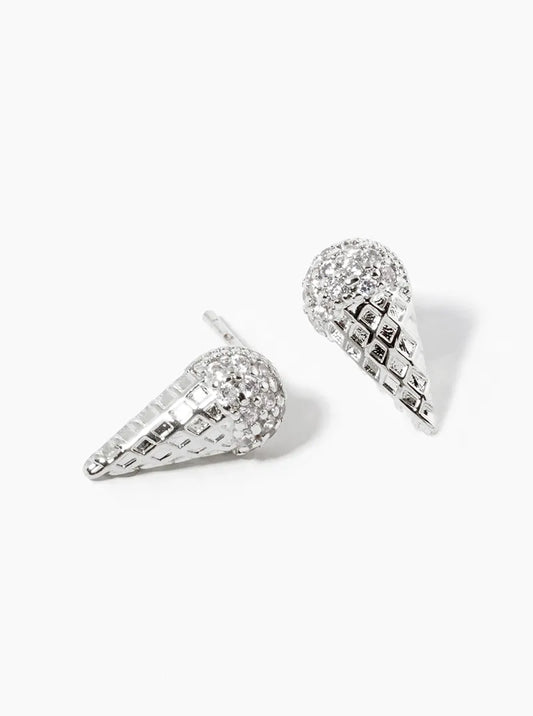 White Gold Dipped CZ Pave Ice Cream Cone Post Stud Earrings