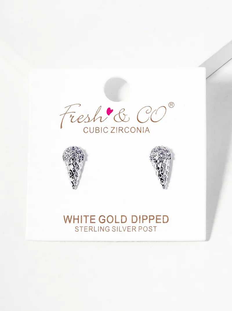 White Gold Dipped CZ Pave Ice Cream Cone Post Stud Earrings