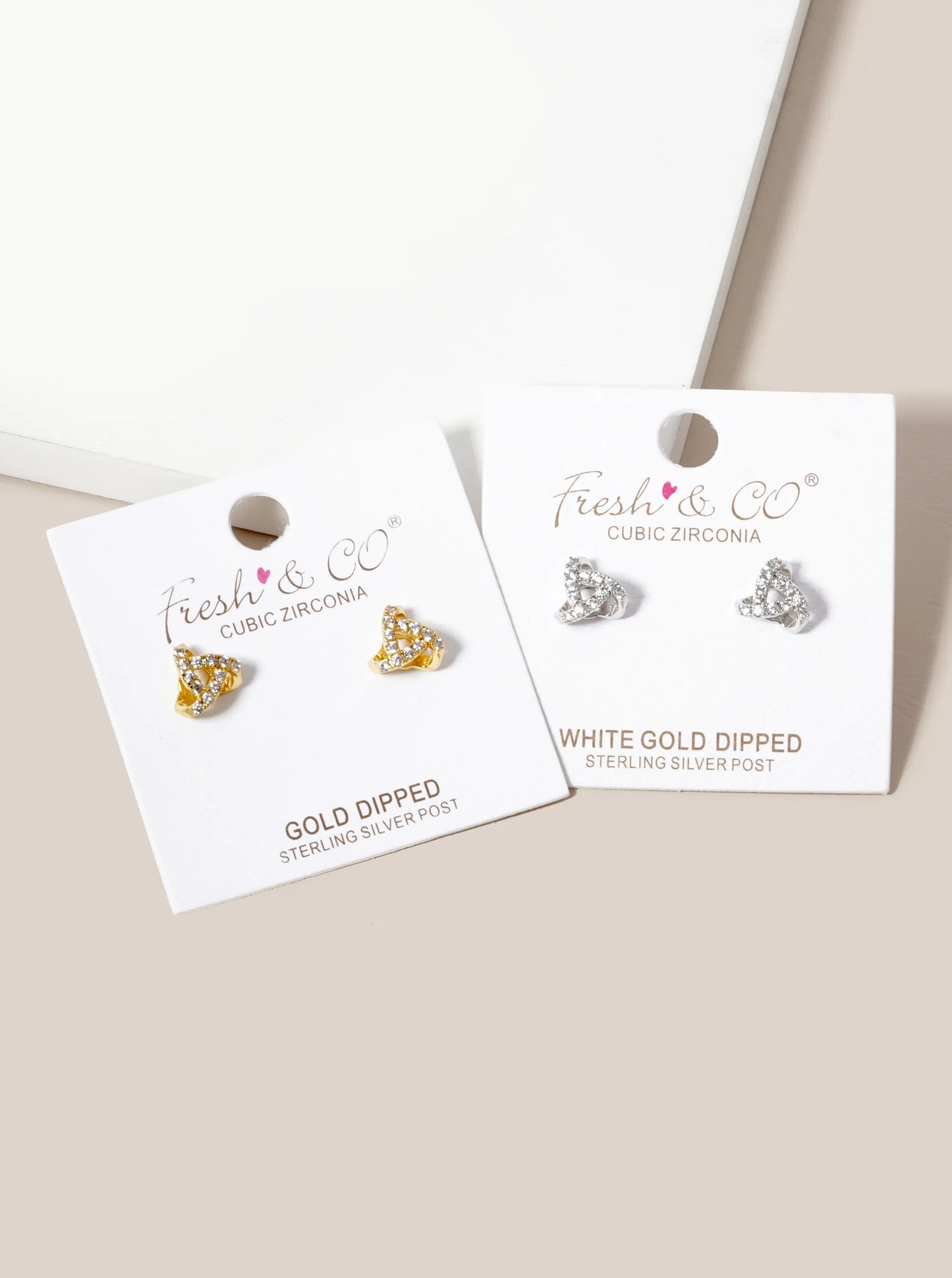 White Gold Dipped CZ Pave Impossible Triangle Stud Earrings