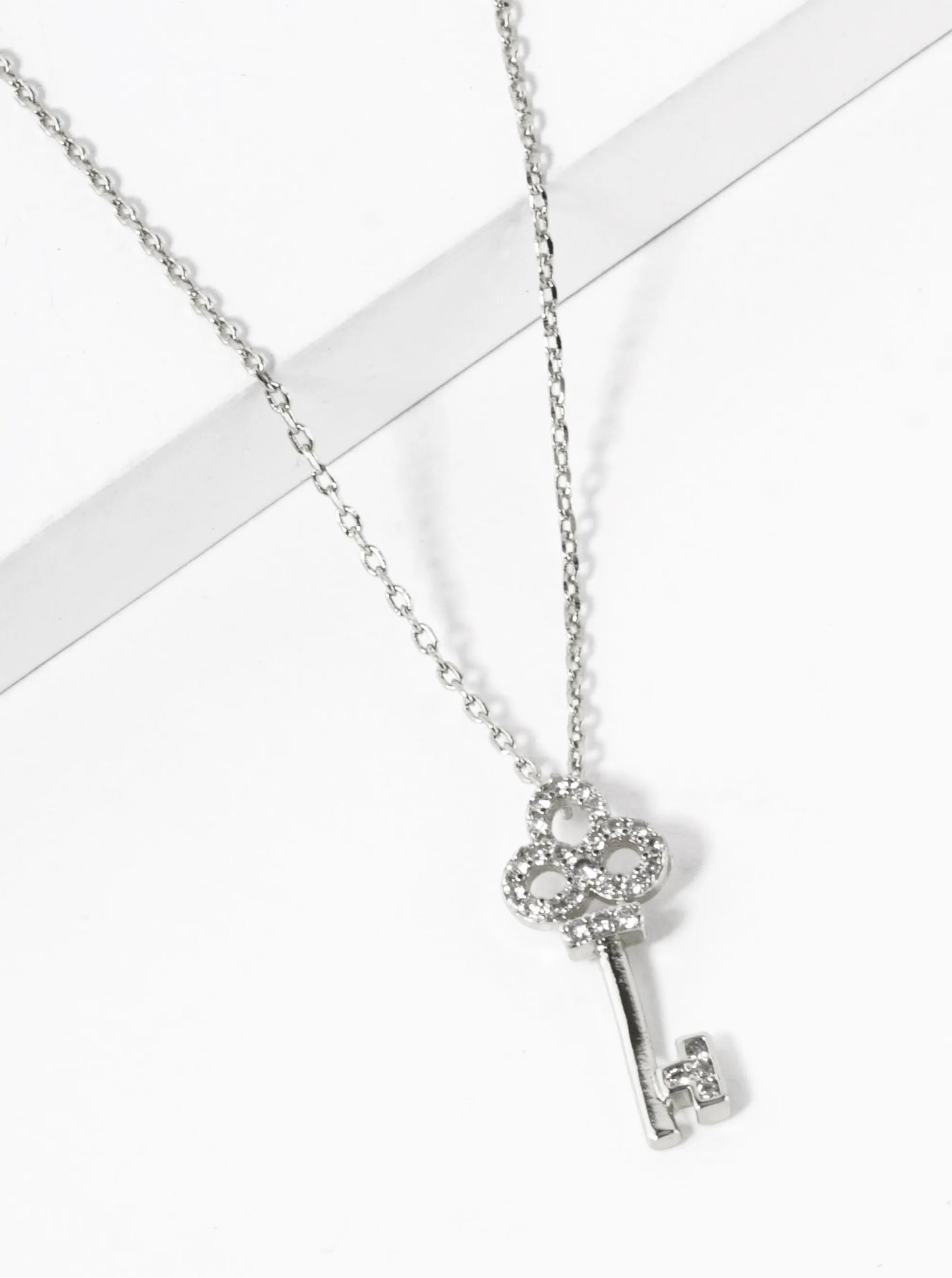 White Gold Dipped CZ Pave Key Pendant Necklace