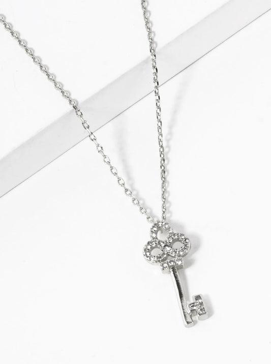 White Gold Dipped CZ Pave Key Pendant Necklace