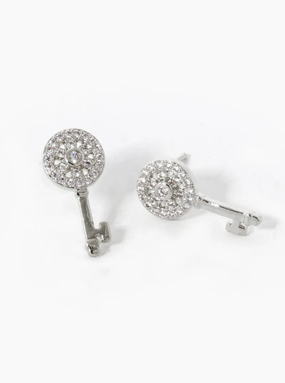 White Gold Dipped CZ Pave Key Stud Earrings