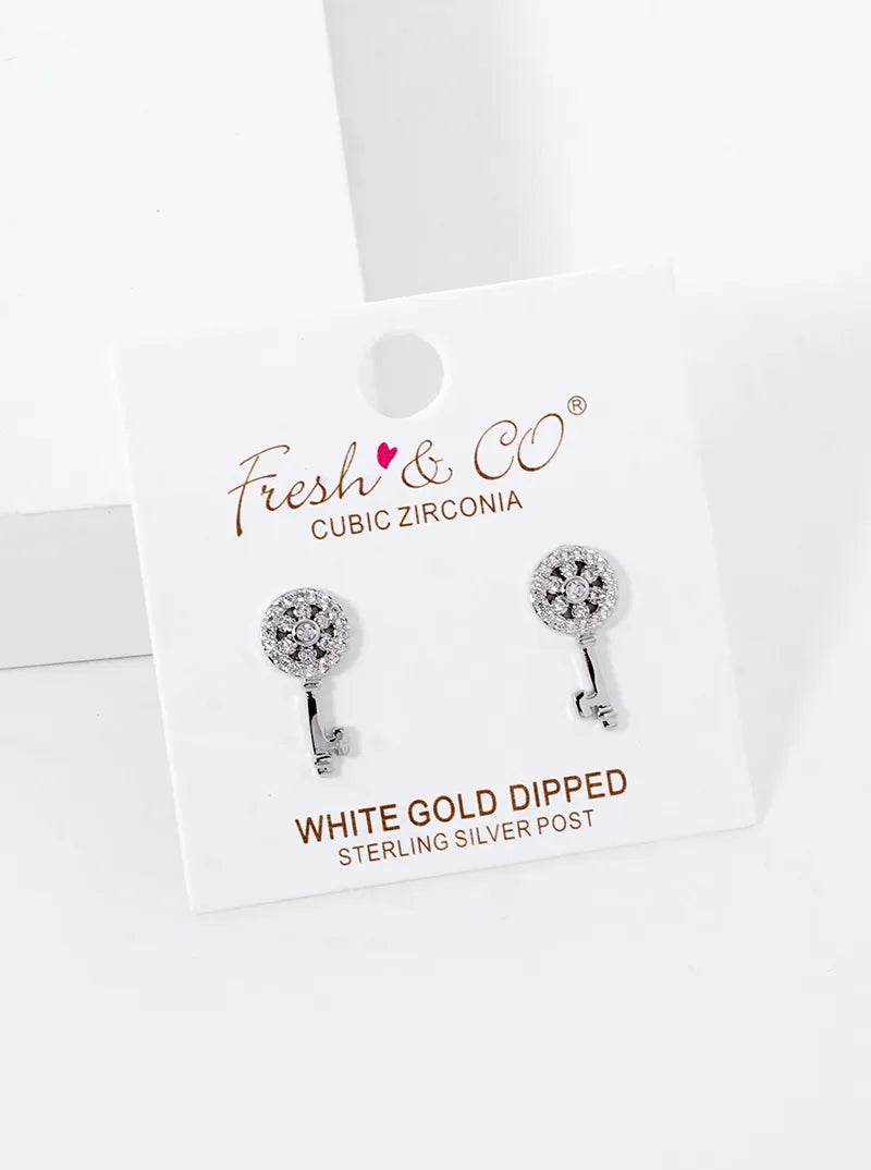 White Gold Dipped CZ Pave Key Stud Earrings