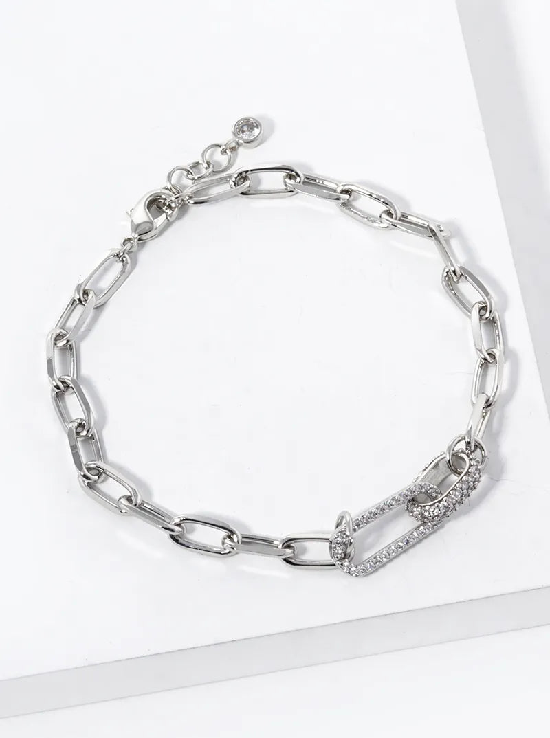 White Gold Dipped CZ Pave Link Chain Bracelet