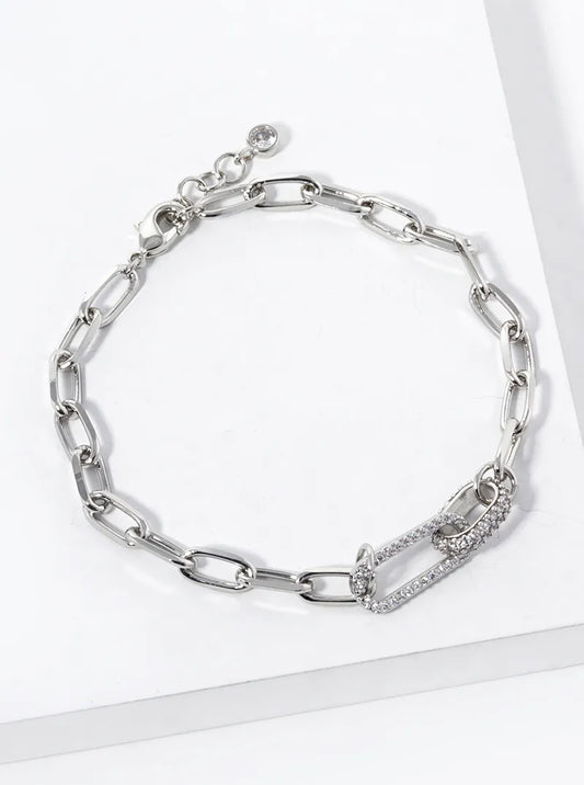 White Gold Dipped CZ Pave Link Chain Bracelet