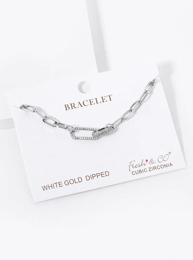 White Gold Dipped CZ Pave Link Chain Bracelet