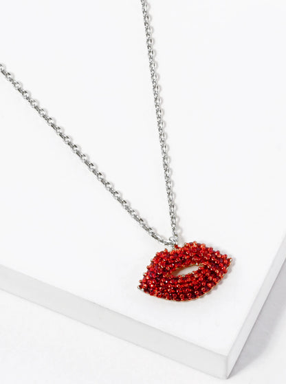 White Gold Dipped CZ Pave Lips Pendant Necklace