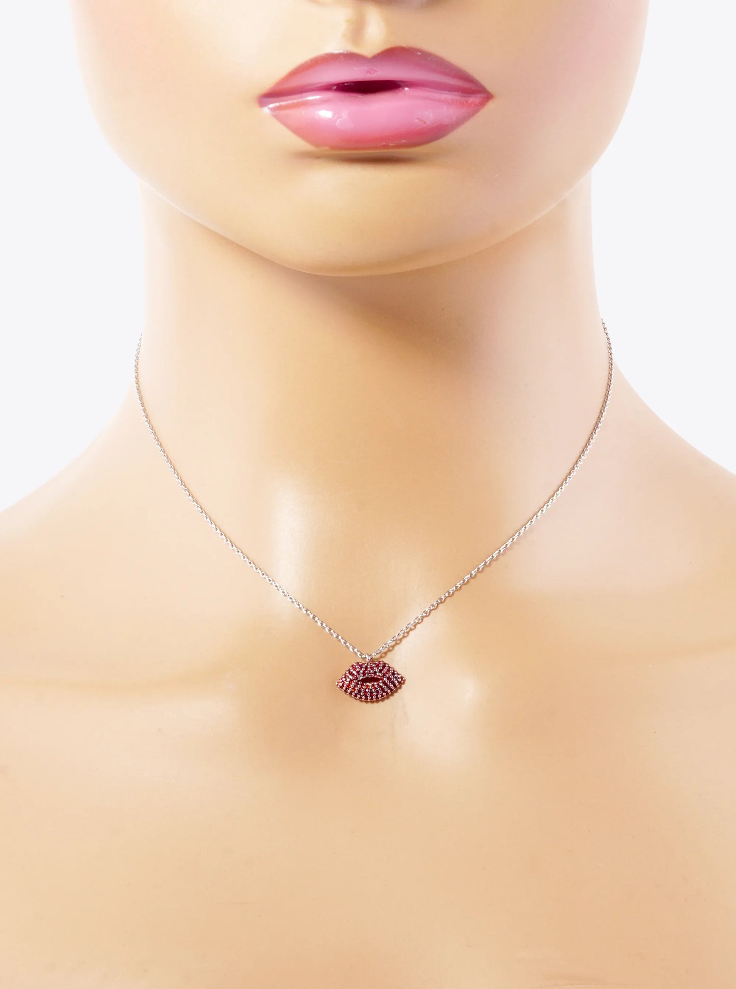 White Gold Dipped CZ Pave Lips Pendant Necklace