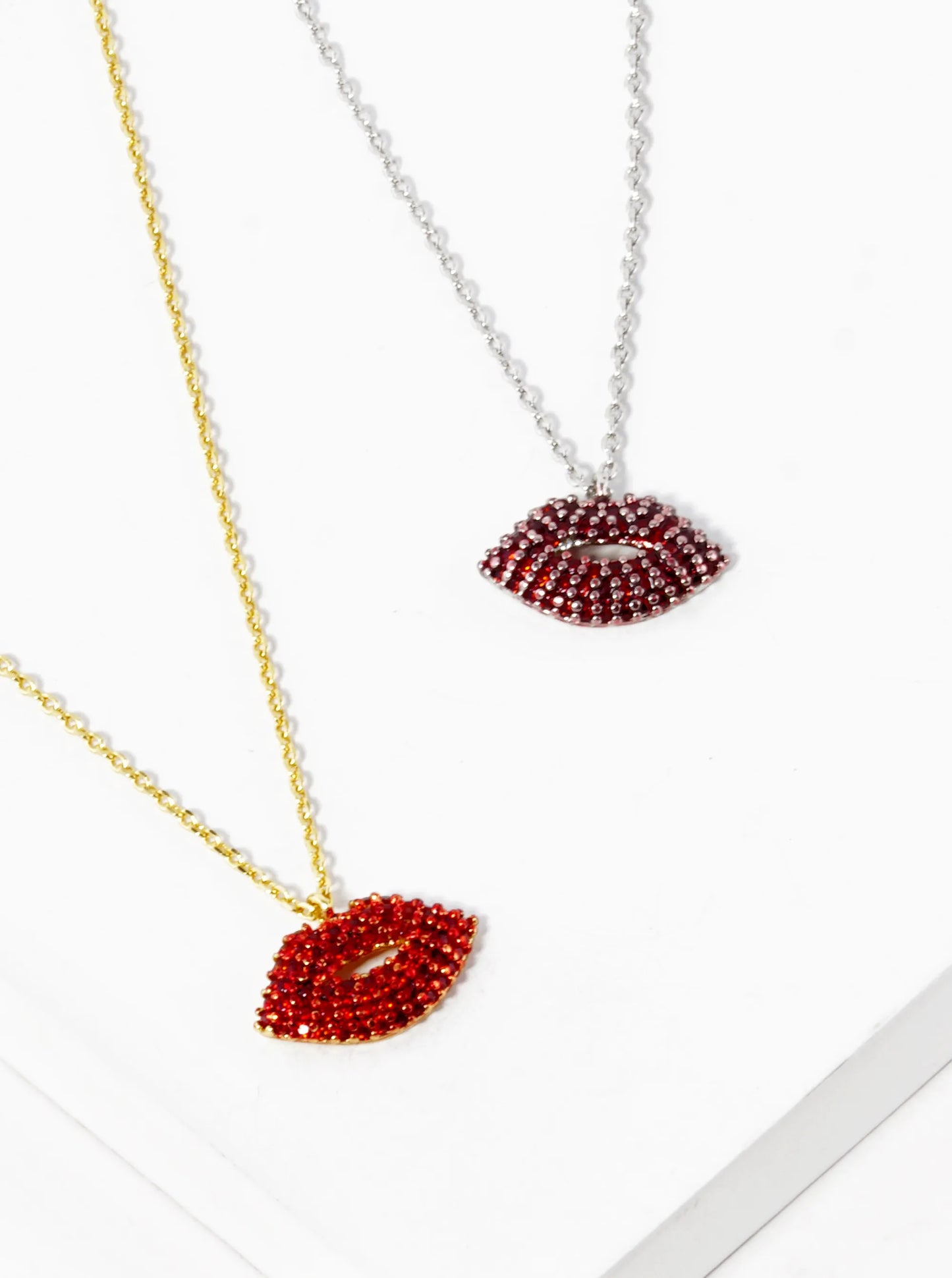 White Gold Dipped CZ Pave Lips Pendant Necklace