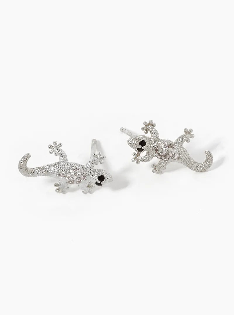 White Gold Dipped CZ Pave Lizard Stud Earrings