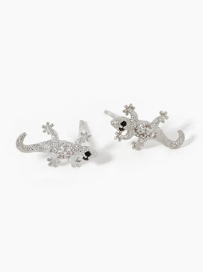 White Gold Dipped CZ Pave Lizard Stud Earrings