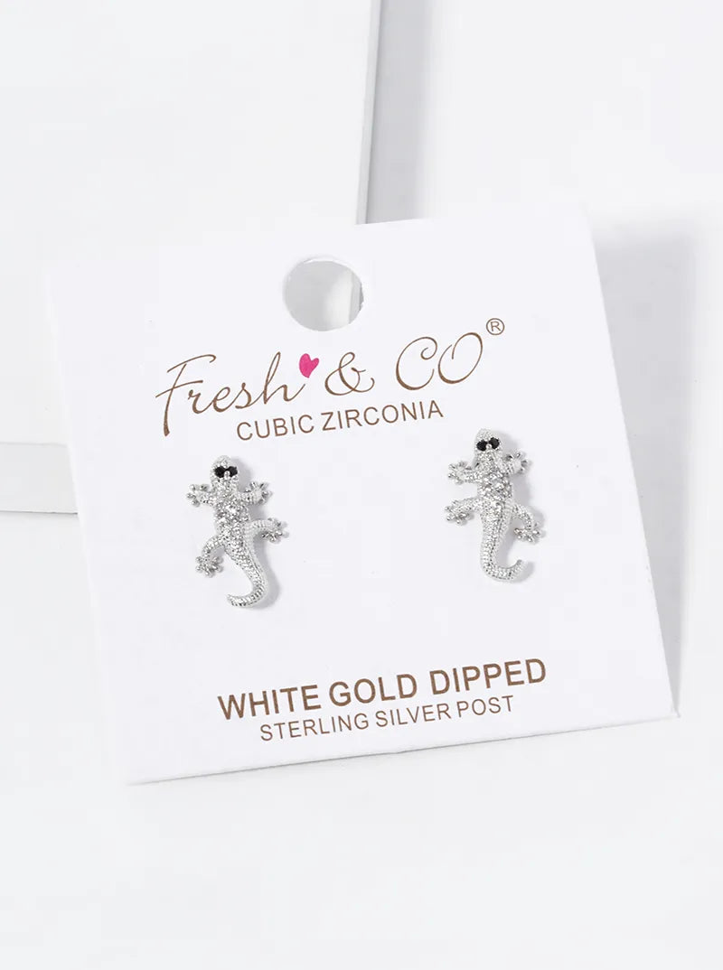 White Gold Dipped CZ Pave Lizard Stud Earrings