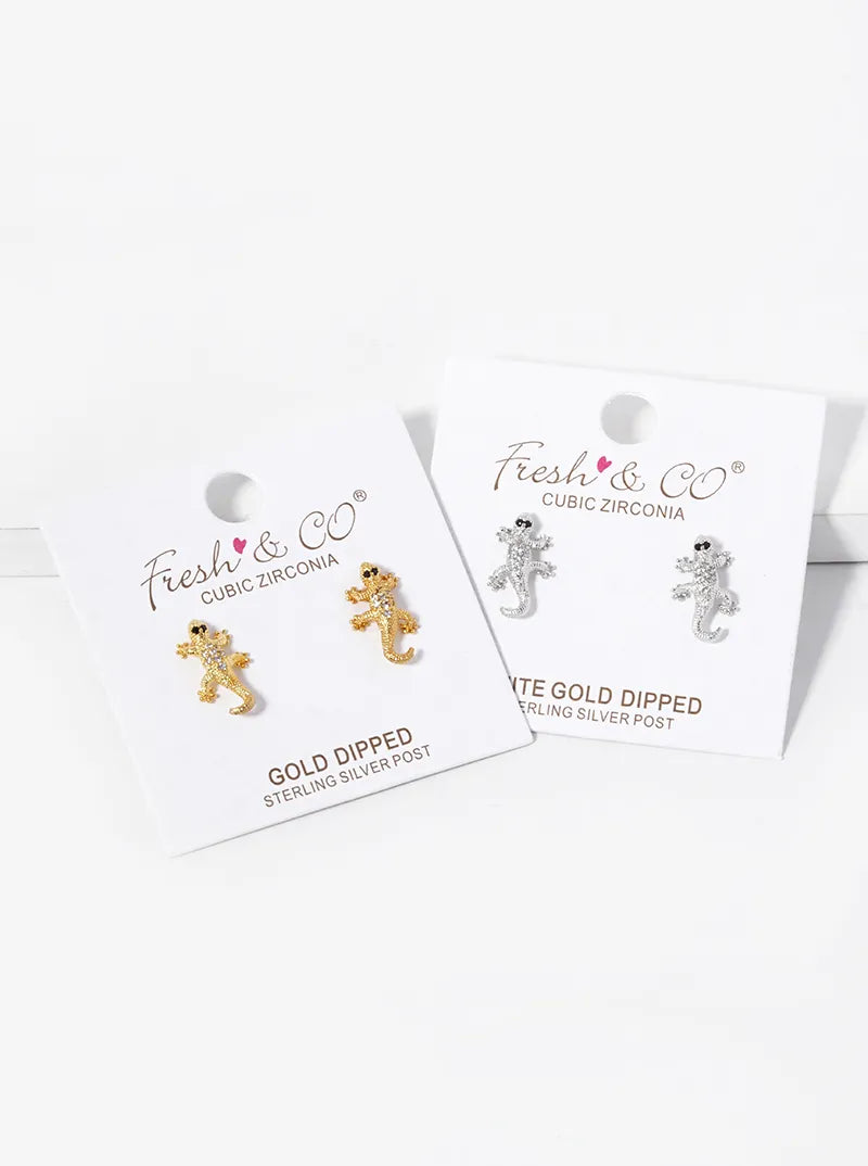 White Gold Dipped CZ Pave Lizard Stud Earrings