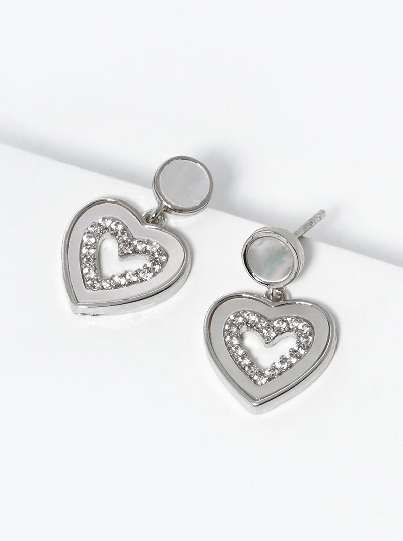 White Gold Dipped CZ Pave MOP Heart Drop Post Stud Earrings
