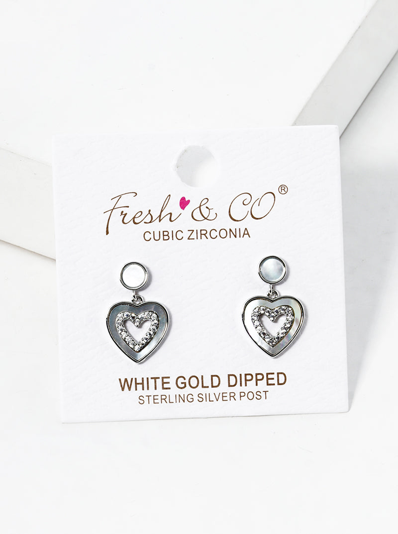 White Gold Dipped CZ Pave MOP Heart Drop Post Stud Earrings