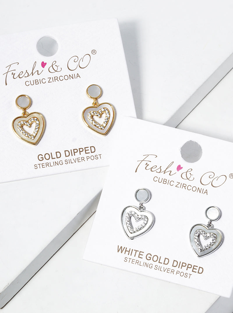 White Gold Dipped CZ Pave MOP Heart Drop Post Stud Earrings