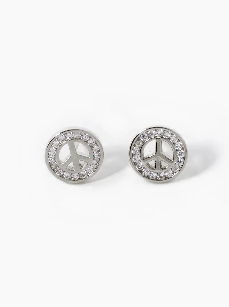 18k Gold Dipped CZ Pave Peace Sign Stud Earrings