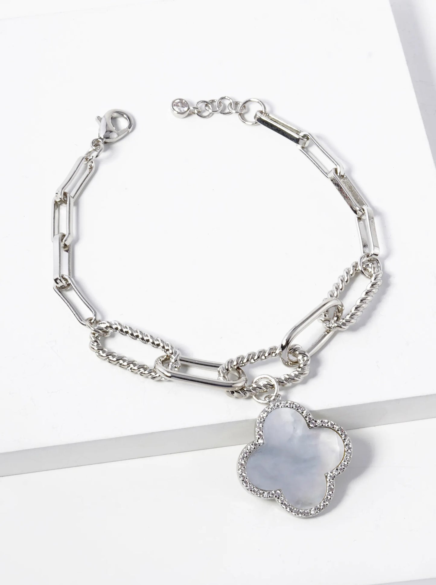 18k Gold Dipped CZ Pave Quatrefoil Charm Chain Bracelet