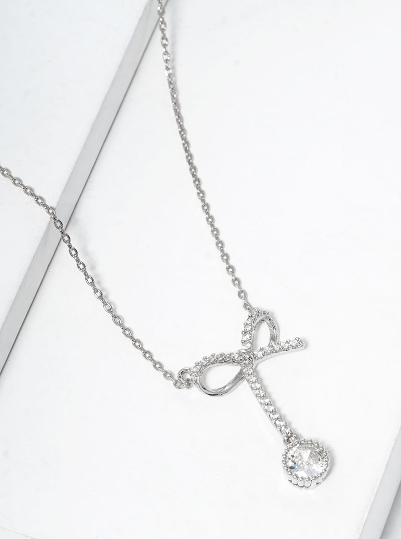 White Gold Dipped CZ Pave Ribbon Bow Pendant Necklace