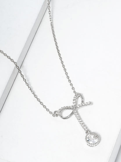 White Gold Dipped CZ Pave Ribbon Bow Pendant Necklace